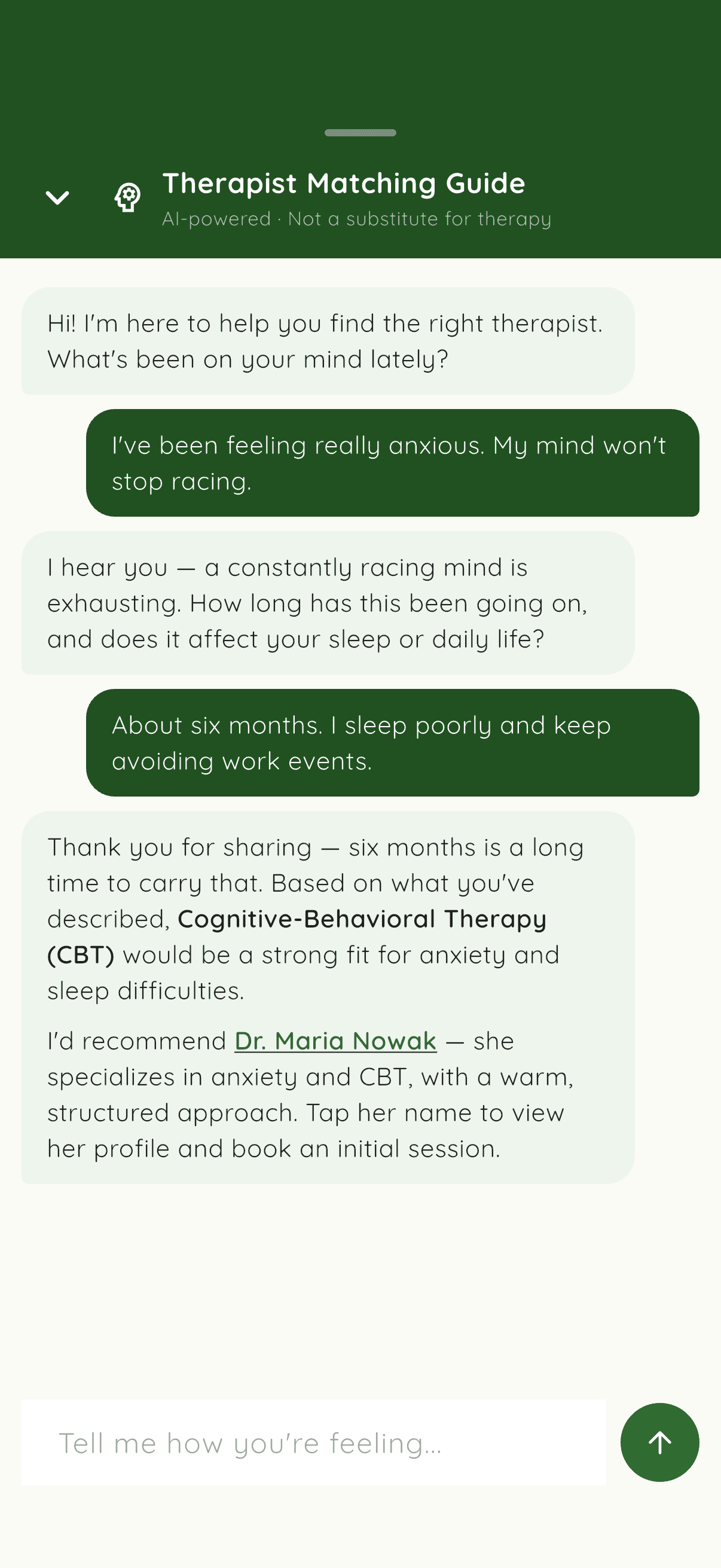 AI matching conversation recommending a therapist.