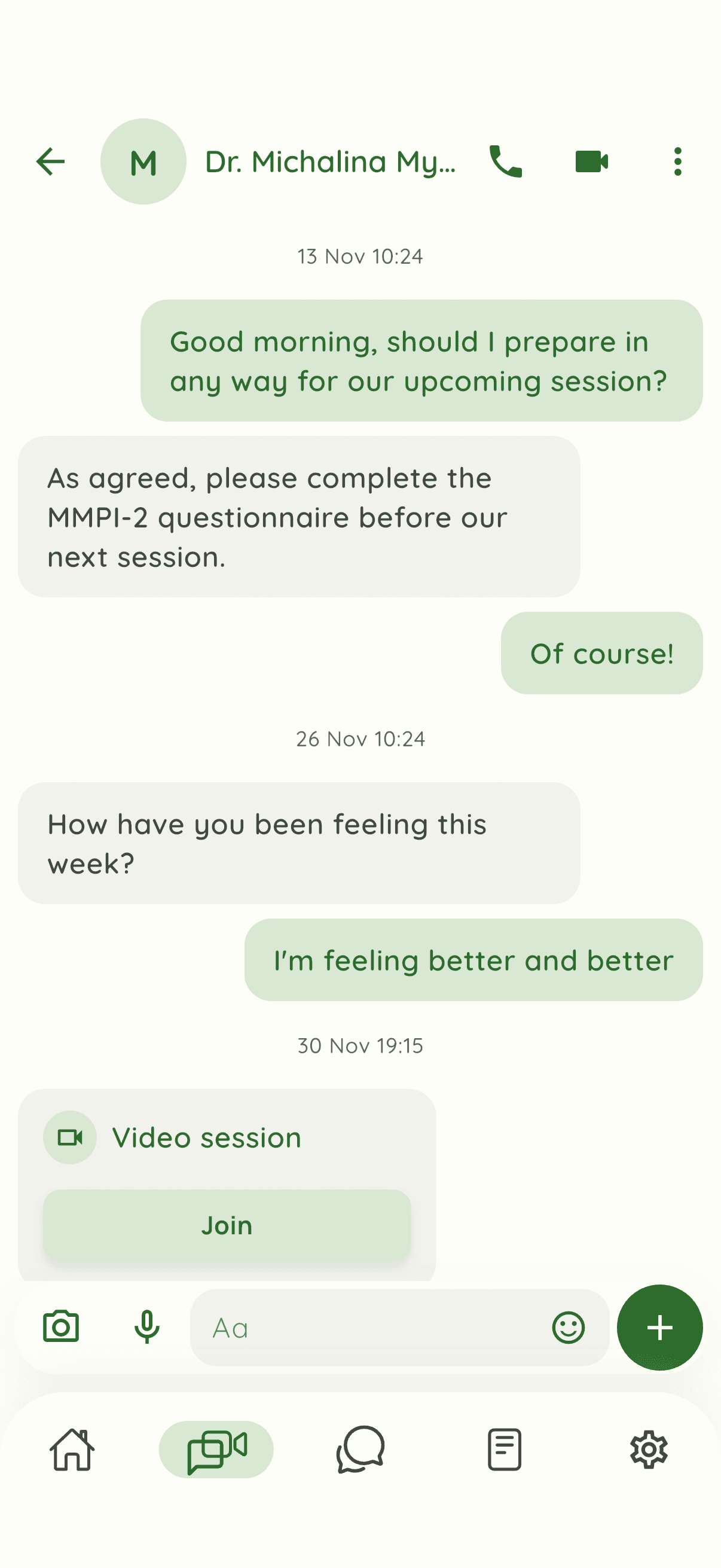 Client confirming an upcoming session in chat with their therapist.