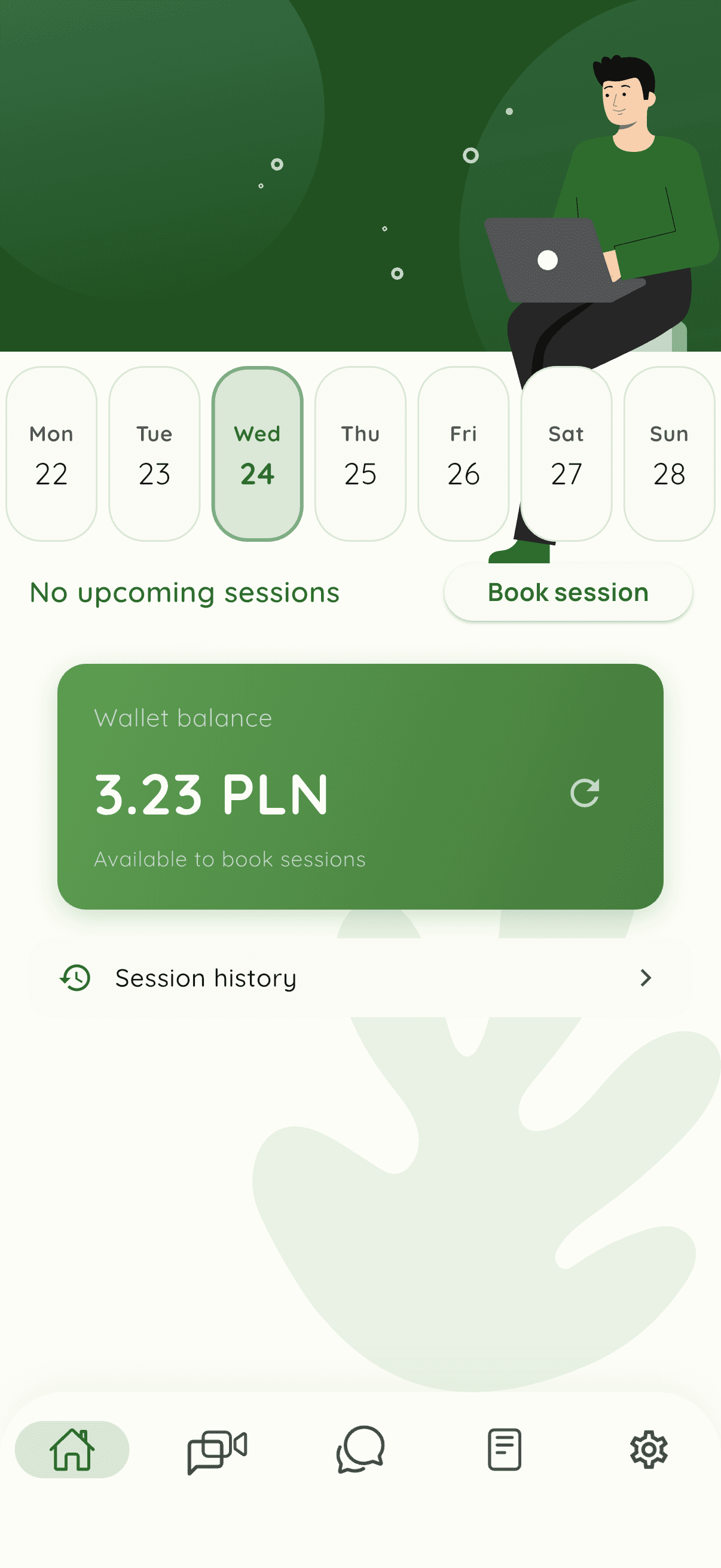 Client home screen showing assigned therapist, weekly calendar, and wallet balance.